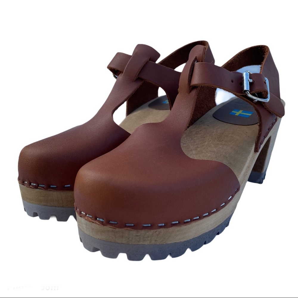 NEW Mia Anatomisk Madelin Swedish Lthr Cognac Clog